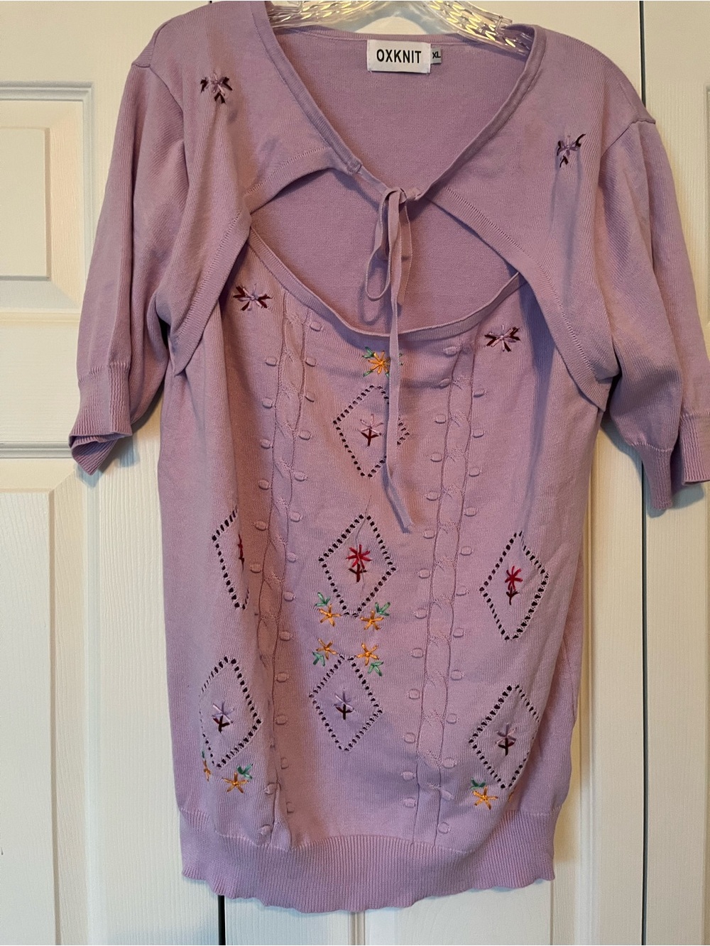 OXKNIT Lavender Embroidered Tie-Neck Knit Tunic